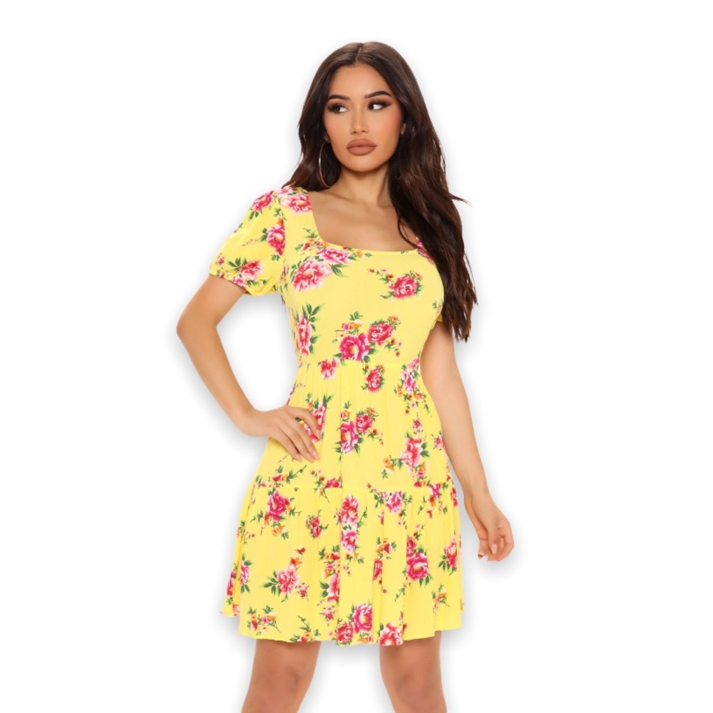 Beautiful Lightweight Breanna Puff Sleeve Yellow Bohemian Floral Mini Dress - Picture 3 of 13